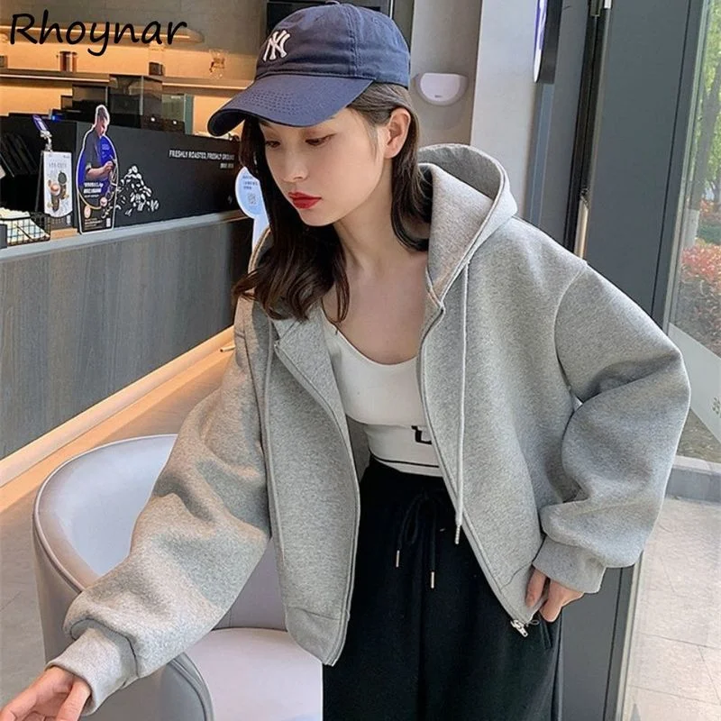 

With Hat Hoodies Women Cropped Preppy Style Casual Simple Loose Student All-match Baggy New Autumn Fashion Ulzzang Sporty Street