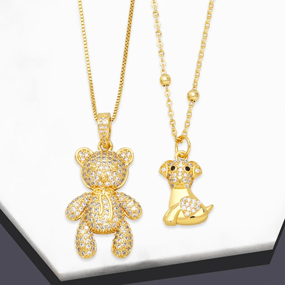 

FLOLA Chunky Big Crystal Bear Necklaces for Women CZ Rhinestone Dog Necklace Gold Plated Animal Jewelry Gifts nkeb627