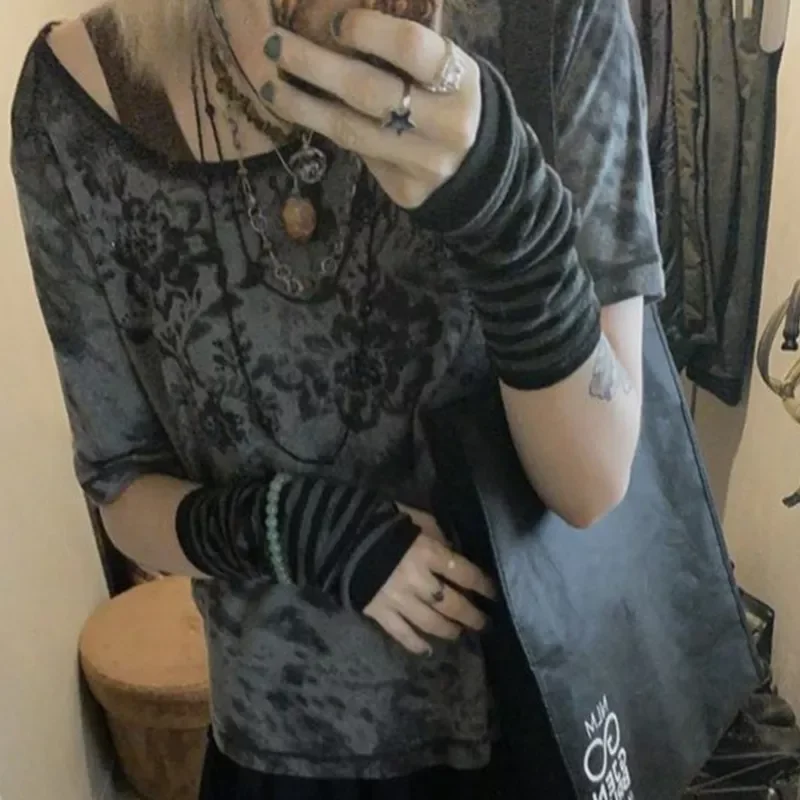 

2022New Goth Women T Shirt y2k Clothes Harajuku Flower Print Round Neck Short Sleeve Tops Pullover Fairy Grunge Tee Emo Vest