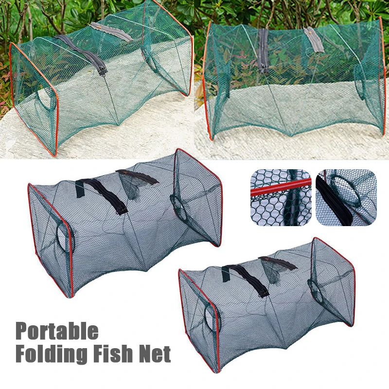 2Pcs Foldable Fishing Shrimp Fish Crab Yabbie Bait Net Trap 2 Holes Crayfish Lobster Fishnet Cast Dip Cage 50*24*24/65*26*26Cm