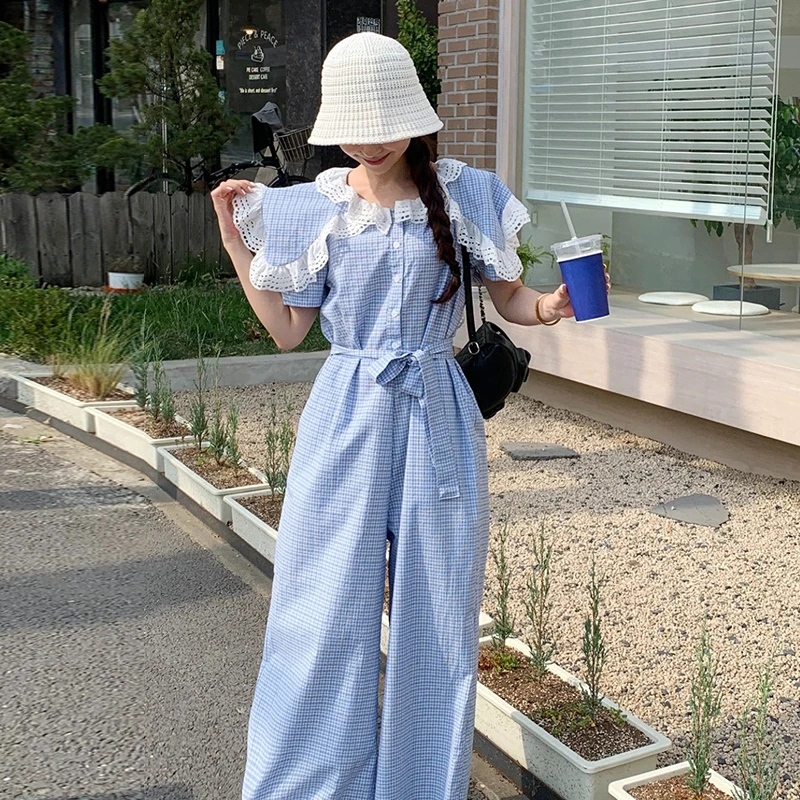 

Clothland Women Fashion Plaid Baby Blue Jumpsuit Lace Patchwork Short Sleeve Sashes One Piece Playsuits Mujer KA370
