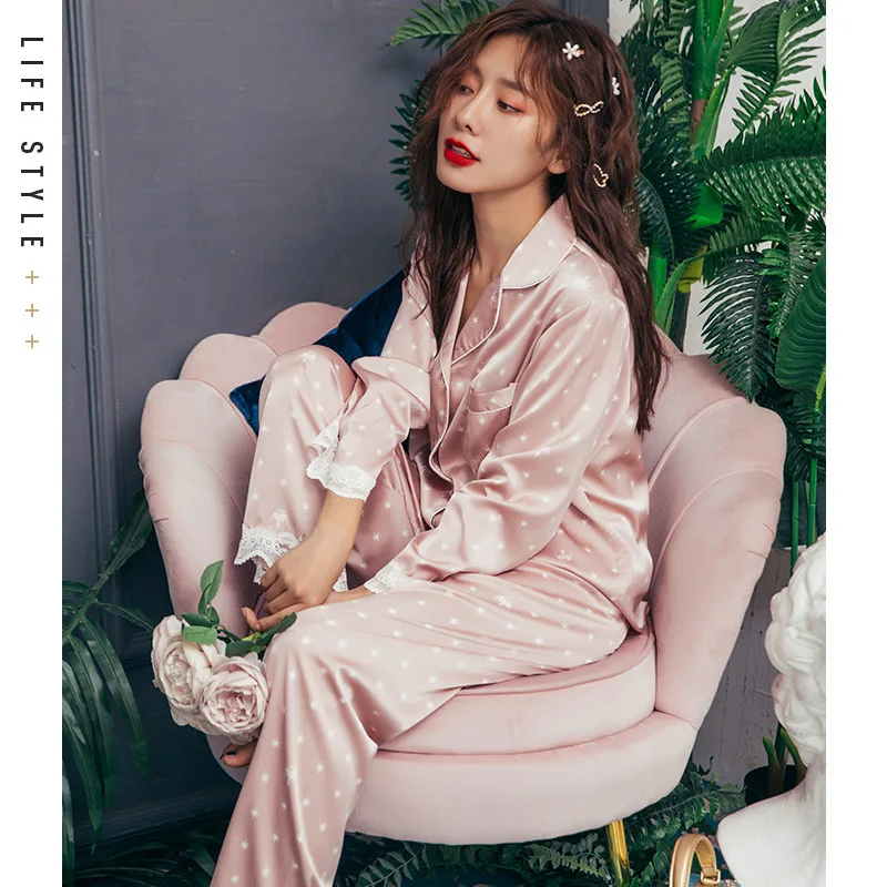 

Women's Ice Silk Pajamas Printed Fashion Pajamas Set Sweet Ice Silk Lace Long Sleeve Trousers Two-piece Home Clothing Pajamas