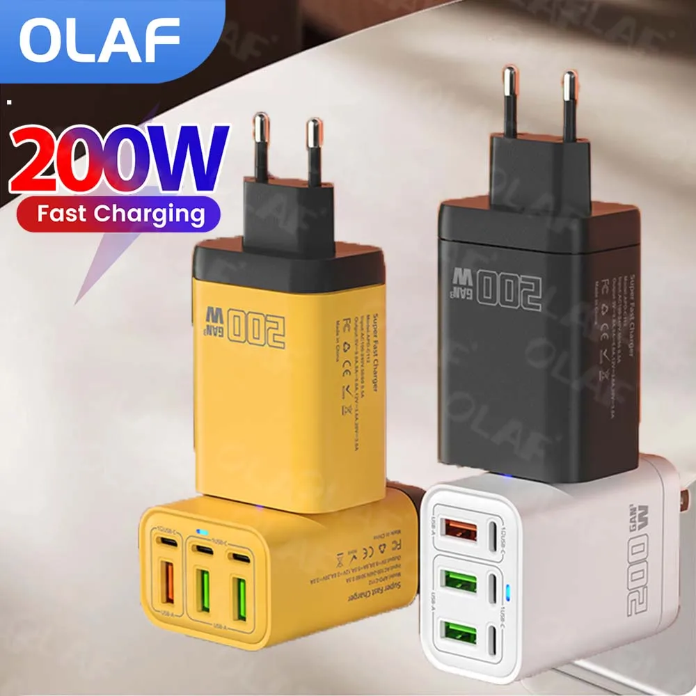 Фото 6-портовое зарядное устройство USB C, 200 Вт, быстрая зарядка 3,0, адаптер PD для быстрой зарядки для iPhone, Xiaomi, Samsung, настенное зарядное устройство для мобильного телефона №1