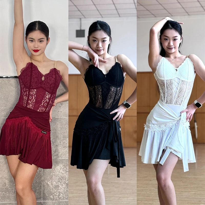 Женская кружевная одежда для латиноамериканских танцев красная белая черная на