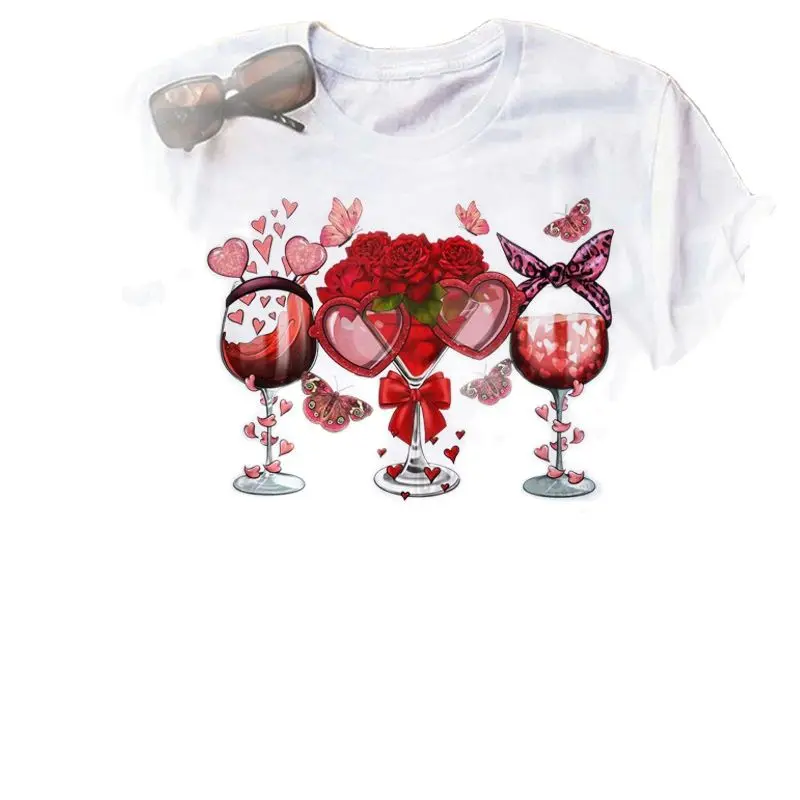 

Fashion Fashion Wine Glass Print Base Shirt Loose Half Sleeve Short Sleeve T-shirt Women's Wear Graphic T Shirts Tops Oversized