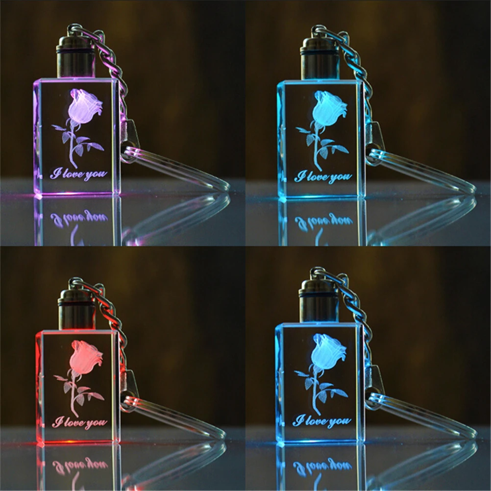 

1Pc Square LED Light Keychain Square Key Chain Ring Keyring Fairy Heart Crystal Rose Flower Crystal Charm