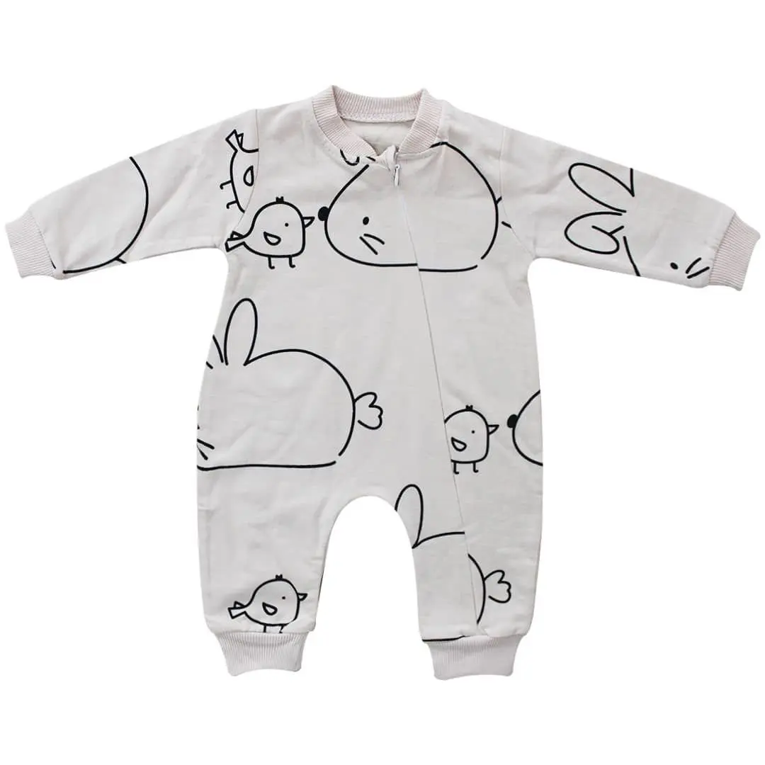 

Chick Rabbit Pattern Zipper Cream Jumpsuit