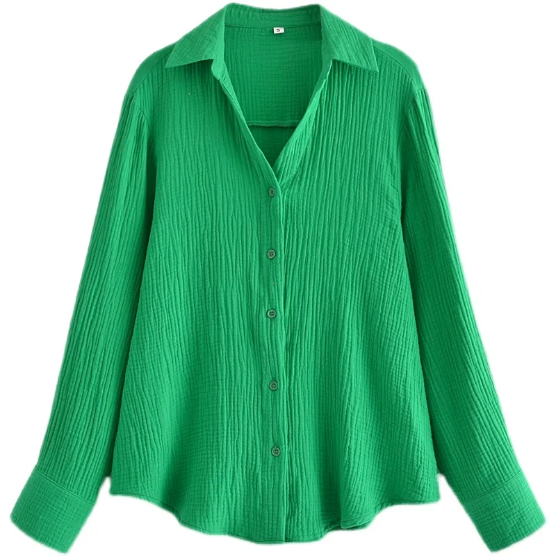 

SuperAen New Retro Pure Color Loose Cotton Fold Lapel Long Sleeved Shirt Blouses for Women Fashion 2022