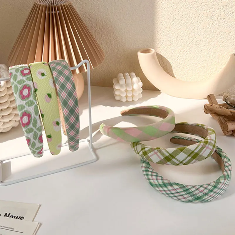 

Sweet Floral Print Headband Colored Geometric Plaid Headbands Korean Vintage Hair Hoop Wide Sponge Hair Bands Hair Accessories