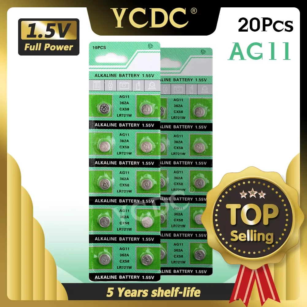 

20pcs 1.55V AG11 Button Coin Cell alkaline battery 19 162 361 362 423 532 601 280-29 362-1W AG11 D361 D362 G11 GP62 LR721