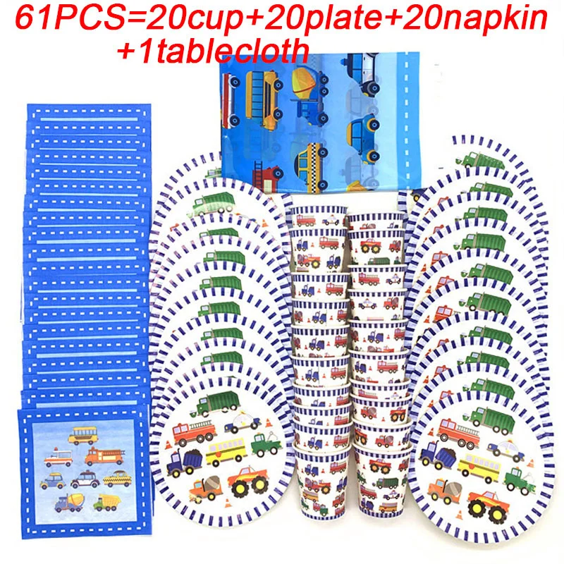 

Christmas Cartoon Car Party Plate Napkins Tablecloth Cup Construction Vehicle Birthday Party Supplies Disposable Tableware Set