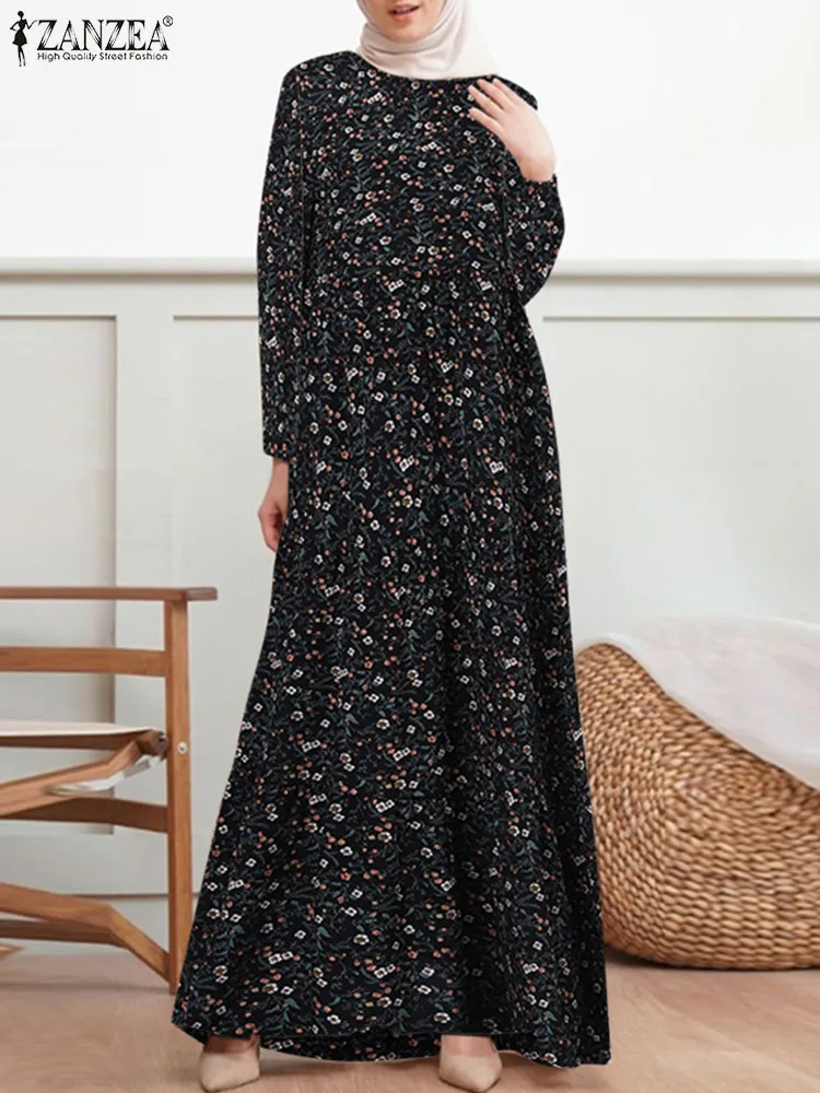 

ZANZEA Vintage Printed Holiday Robe Fashion Muslim Floral Dress Turkey Abaya Eid Mubarek Maxi Dresses Isamic Vestido Sundress