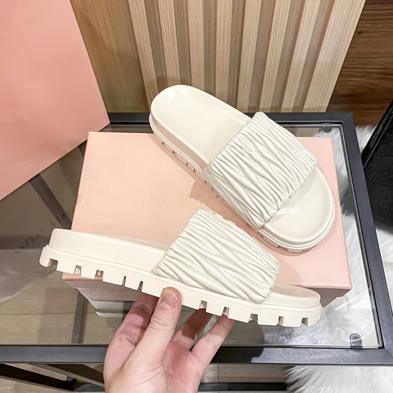 2023 Summer European and American New Pleated Height Increased Thick Slippers