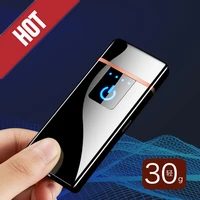 new windproof fingerprint touch usb lighter with led power display charging lighter ultra thin double sided heating wire