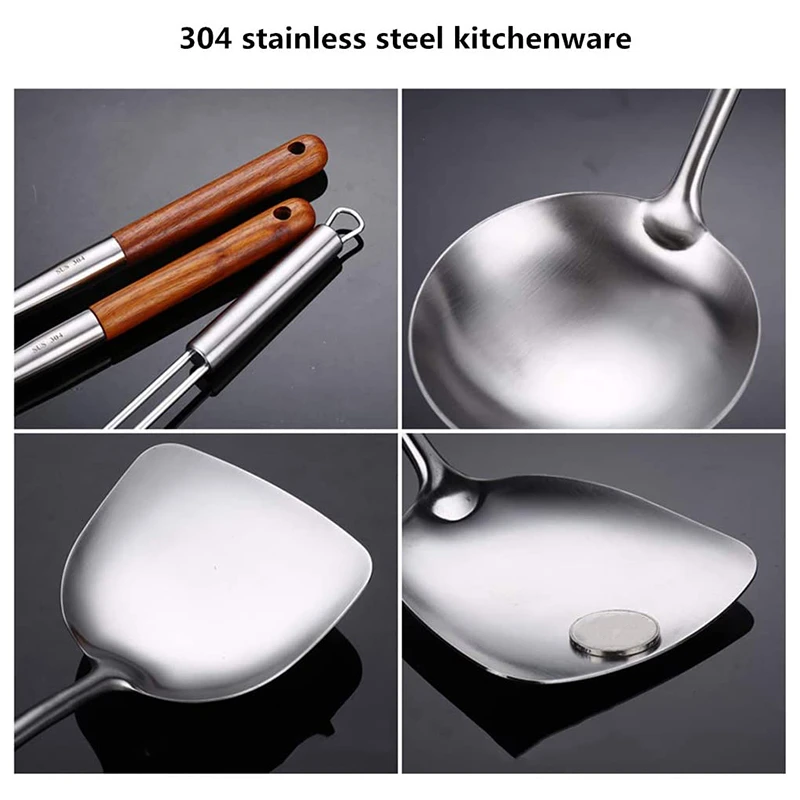 304Lange Steel Rvs Wok Spatel Cooking Equpment Kitchen Utensils Keuken Sleuven Rijst Lepel Kookgerei Gebruiksvoorwerp Set Turner images - 6