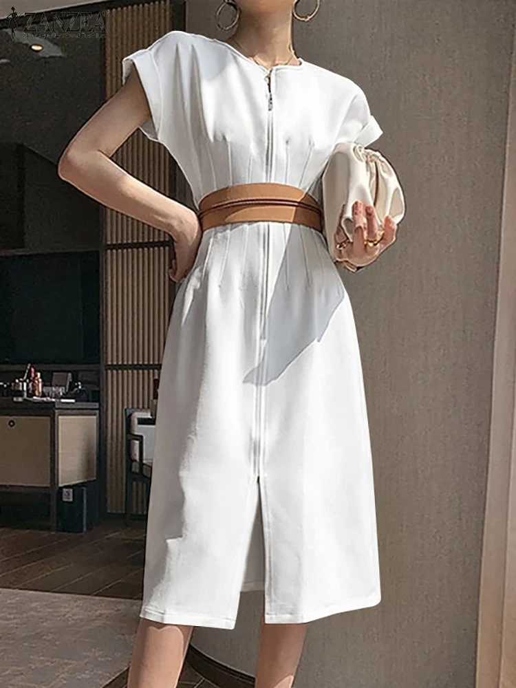 

ZANZEA Casual OL Vestidos 2023 Fashion Korean Style Zipper Pleats Waisted Midi Dress Women Elegant Short Sleeve A-line Dress