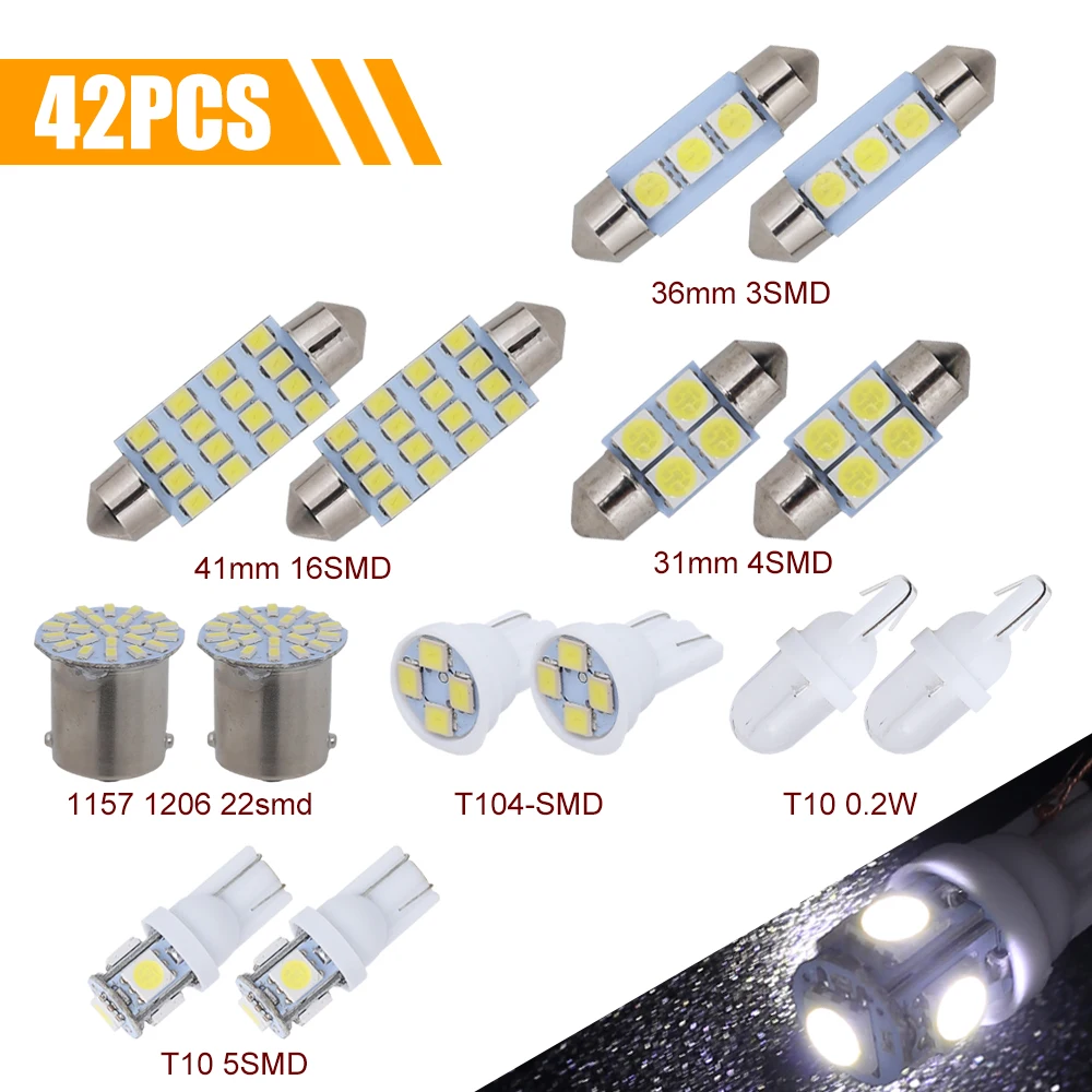 

42Pcs T10 Car Interior Light W5W LED Bulb kit 6000K White Map light Dome Door Trunk License Plate Light Courtesy Light