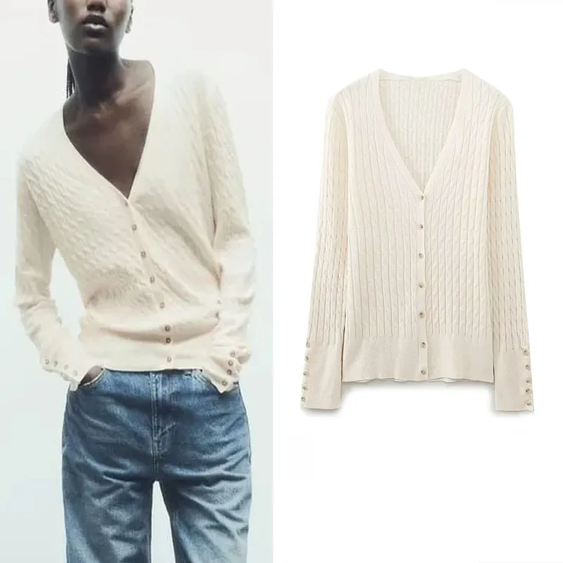 

TRAF Woman's V-neck Knit Cardigan 2023 Autumn Vintage Single Breasted Sweater Fashion Long Sleeve Beige Knit Jackets For Women