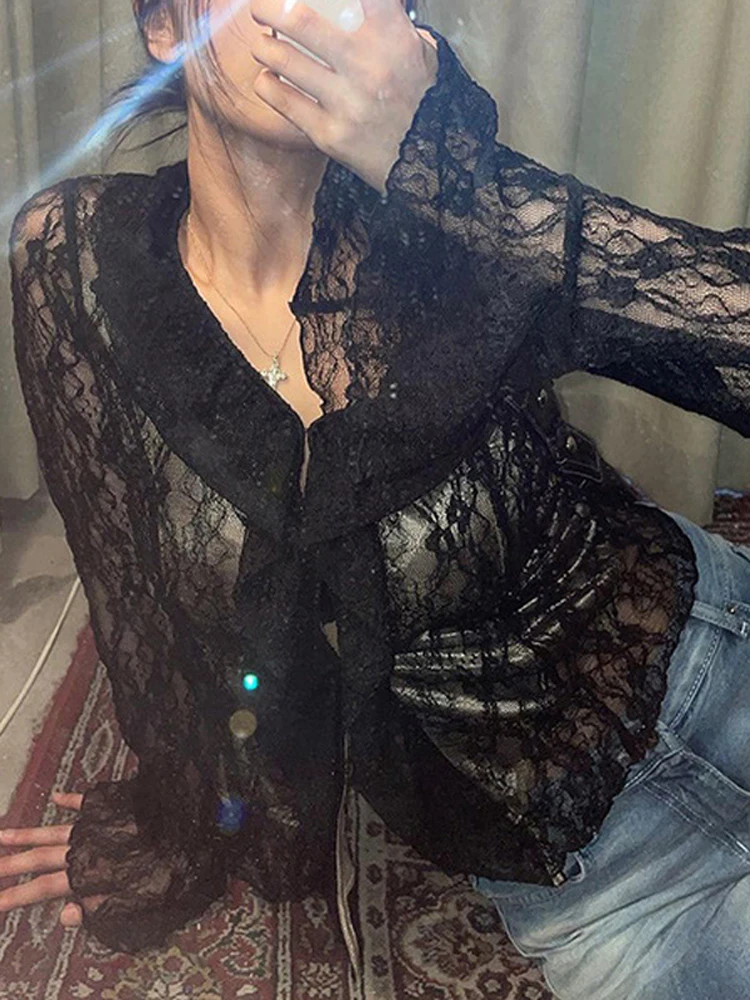 

Tossy Women's Black See Through Puff Long Sleeve T-Shirts V-Neck Sexy Lace Crop Top Y2K Autumn Vintage Casual Streetwear