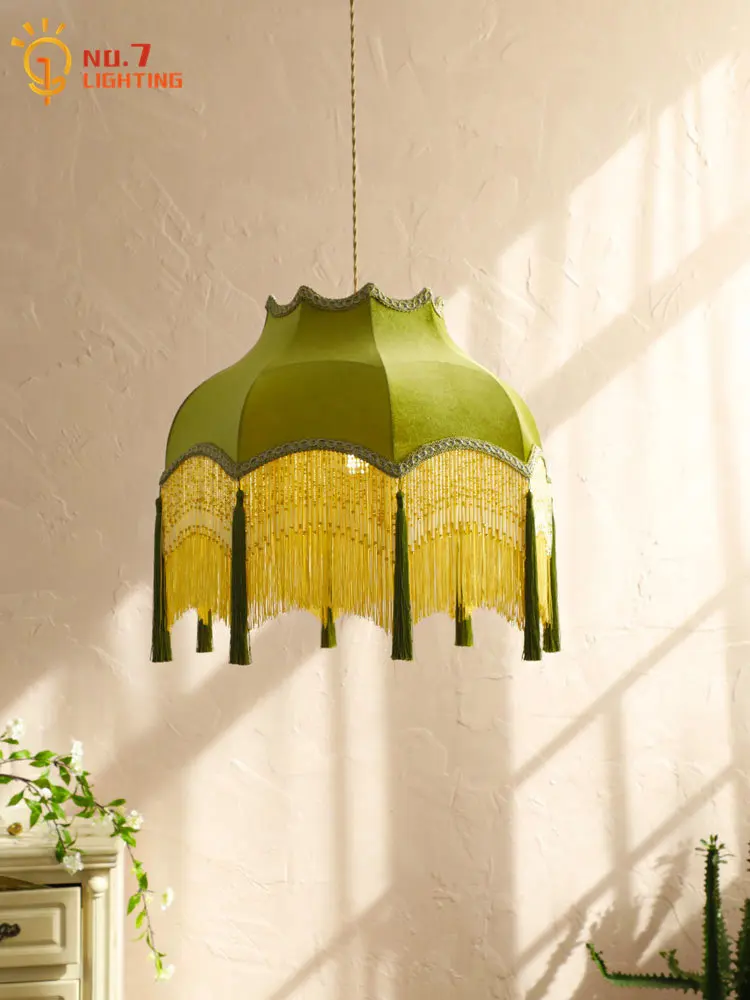 

Подвесные светильники с французским дизайном, винтажные зеленые бархатные лампы с кисточками, Золотой блестящий светильник, E27, для гостиной, спальни, кухни, кафе
