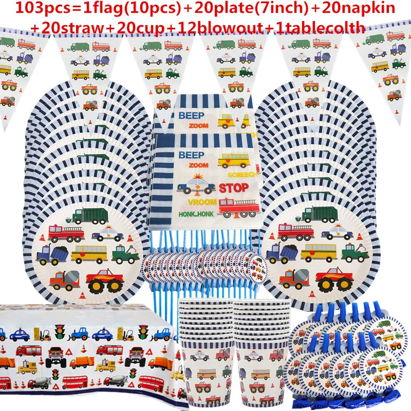 

Cartoon Car Theme kids Party Plate Napkins Tablecloth Cup Construction Vehicle Birthday Party Supplies Disposable Tableware Set