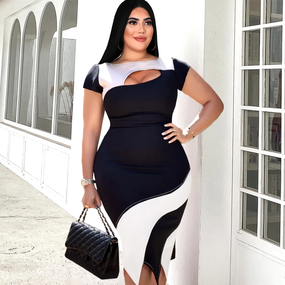 Plus Size Personality Dress Sexy Pack Hip One Step Skirt Stitching Short Sleeve Women's Women's Dating Party Clothing Women