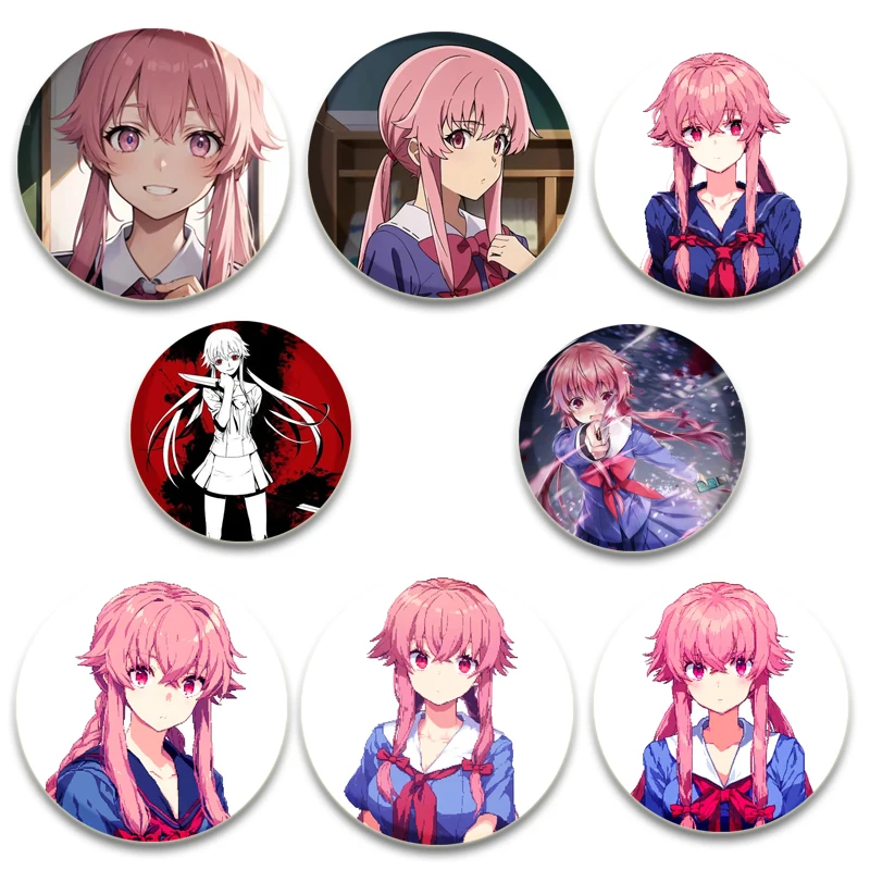 Mirai Nikki HD Print Brooch Anime Badge Cartoon Figure Gasai Yuno Amano Yukiteru Round Display Brooches Lapel Pins Jewelry