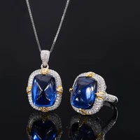 new fashion trend s925 silver inlaid 5a zircon ladies color sapphire sapphire square sugar tower full diamond pendant ring set