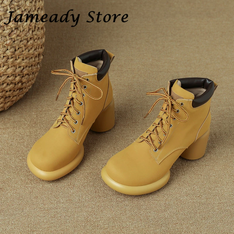

Women Fashion Leisure Yellow Boots Round Heel Platform Ankle Boots Cross Straps Designer Marten Boots Lady Real Leather Botas