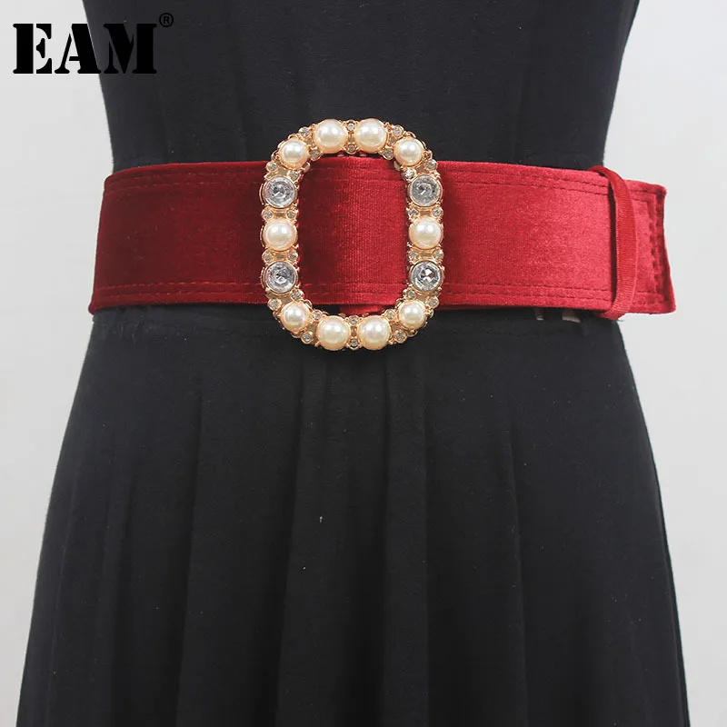 

[EAM] Apricot Pearls Rhinestone Buckle Long Wide Belt Personality Women New Fashion Tide All-match Spring Autumn 2023 1DF6612