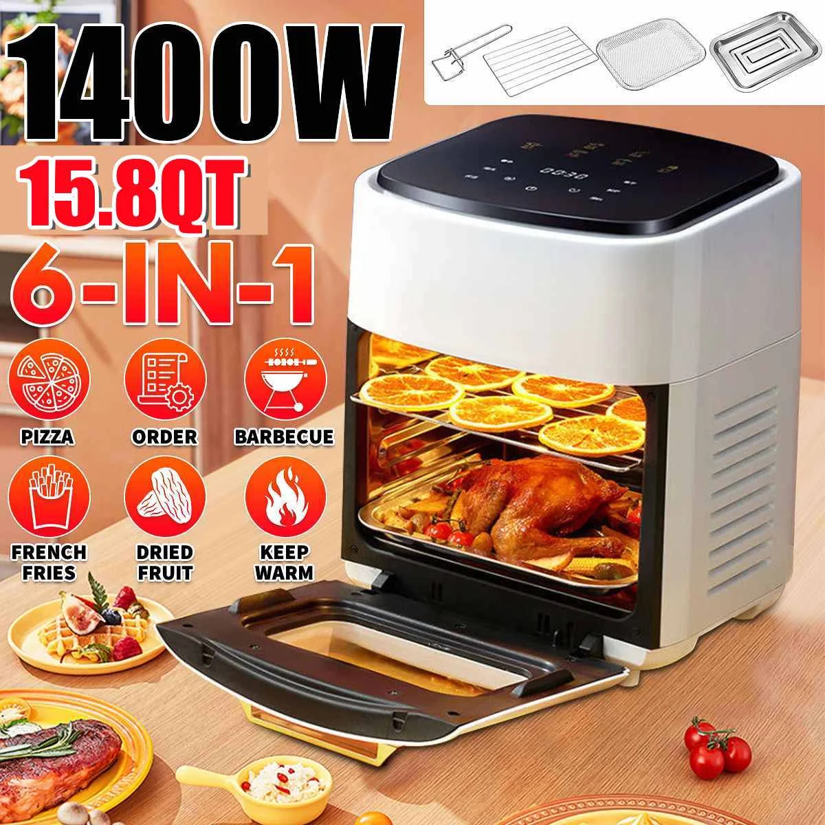 

15L Electric Air Fryer Oven Toaster Rotisserie Dehydrator Chicken Frying Machine LED Digital Touchscreen 6 in 1 Countertop Oven