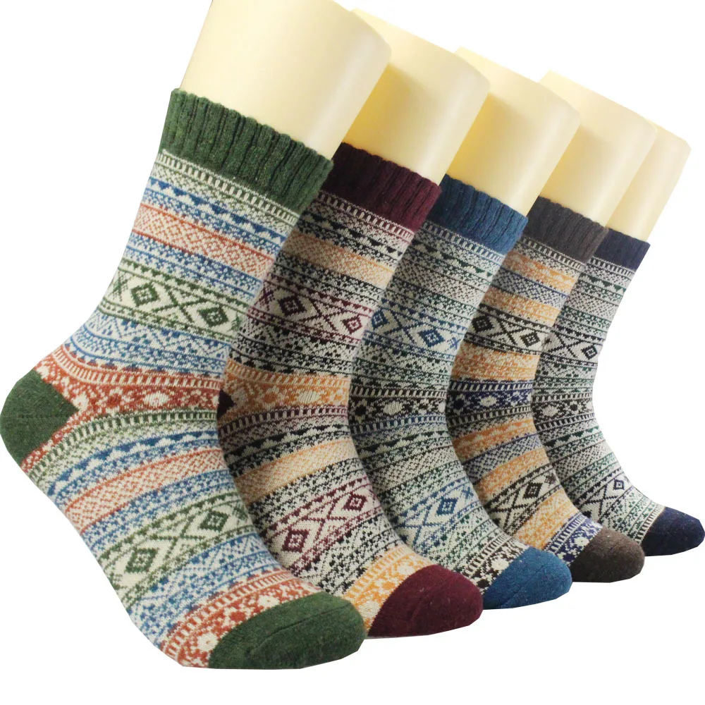 

5pMen's Rabbit Wool Socks Ethnic Style Sub-printing Comfortable and Fashionable Thickening Warm High-quality Happy Colored Socks