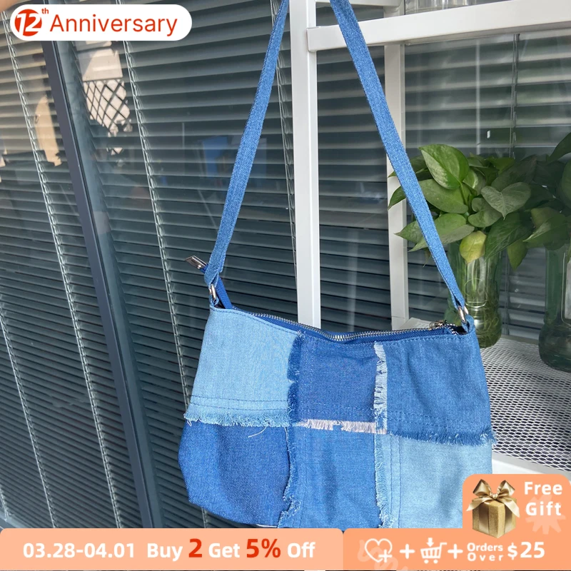 

Contrast Color Women Small Shoulder Bags Vintage Denim Stitching Ladies Baguette Handbags Underarm Bag Fashion Female Tote Purse