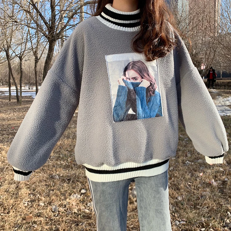 

harajuku Turtleneck print sweatshirt casual full Sleeve hoodie autumn winter thicken lamb fleece oversized hoodies women clothes