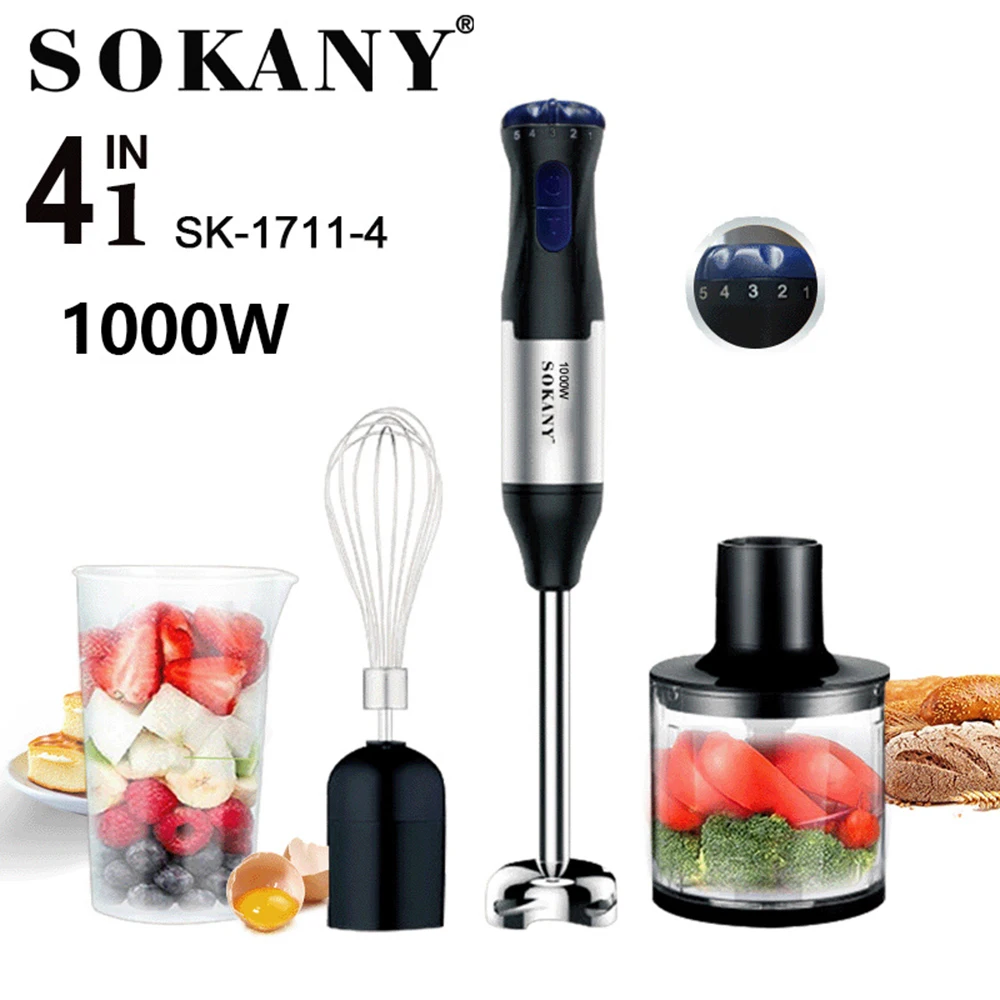 Electric Stick Hand Blender 4 in 1 Handheld Mixer 1000W 220V 5 Speed Stainless Steel Blade Vegetable Meat Egg Whisk Juicer