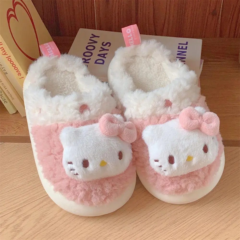 

Kawaii Sanrios Hello Kittys Kuromi Plush Women Cotton Slippers Anti-Skid Keep Warm Winter Indoor Home Plushies Shoes Kids Gift