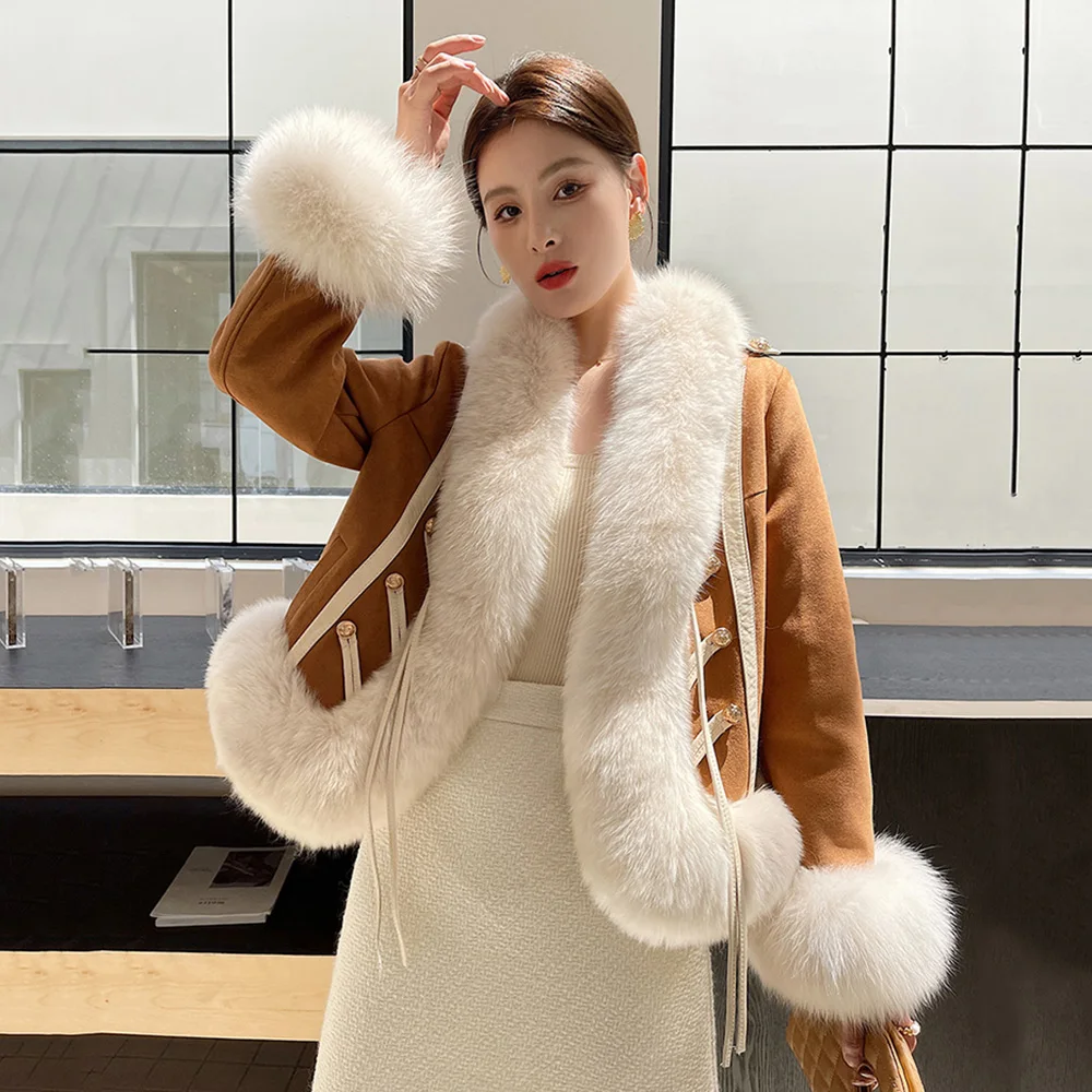 New Women Real Fur Coat Autumn Winter Vintage French Court Style Thick Warm Fox Fur Collar Suede Fur Jacket Loose Outerwear