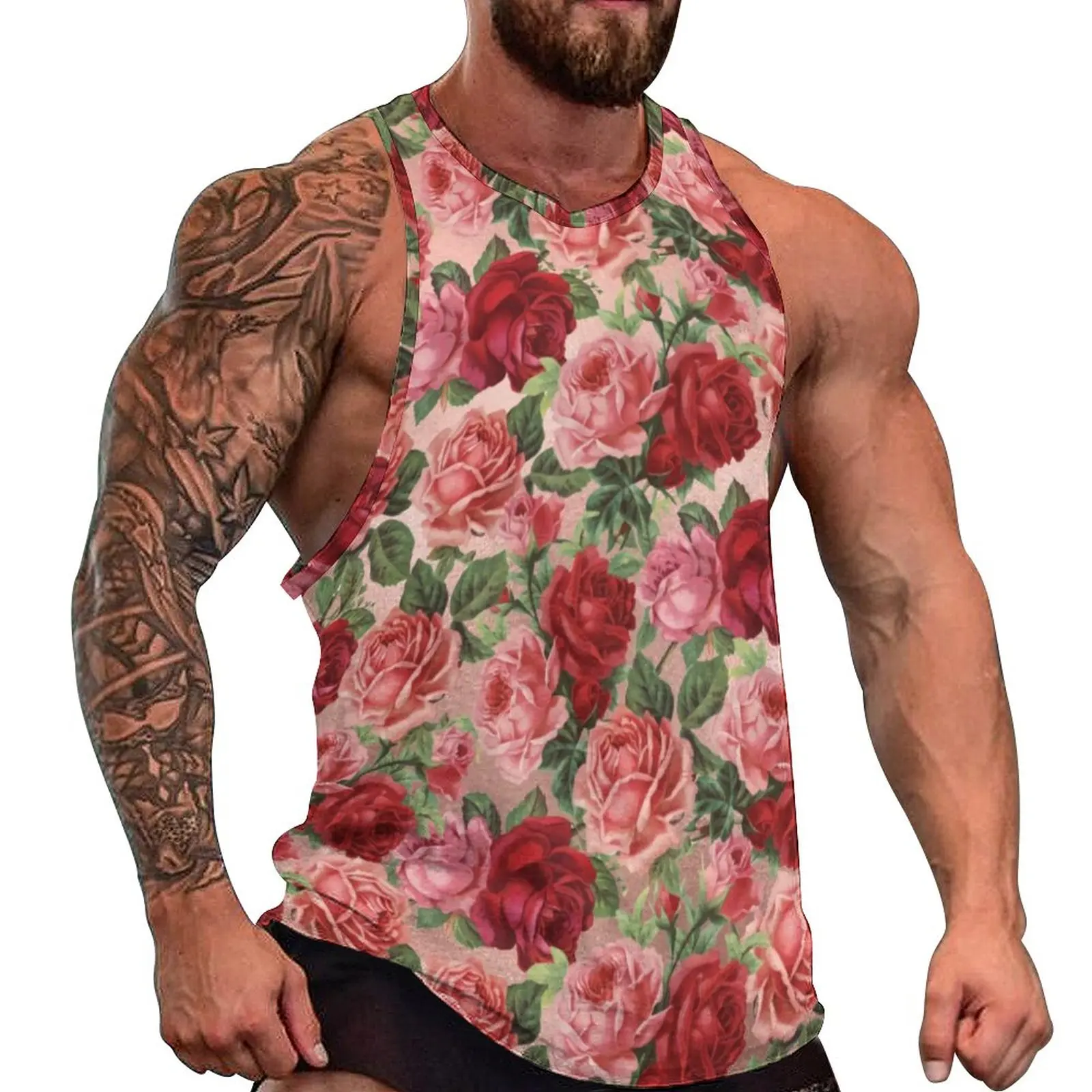

Vintage Floral Print Tank Top Man's Elegant Red Roses Vintage Tops Summer Gym Graphic Sleeveless Vests Big Size