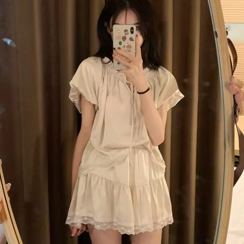 Summer Women's Pajama Set Silk Satin Lace Pyjama Short Sleeve 2 Pcs Patchwork Solid Pajamas Shirt Shorts Home Clothes Nightwear