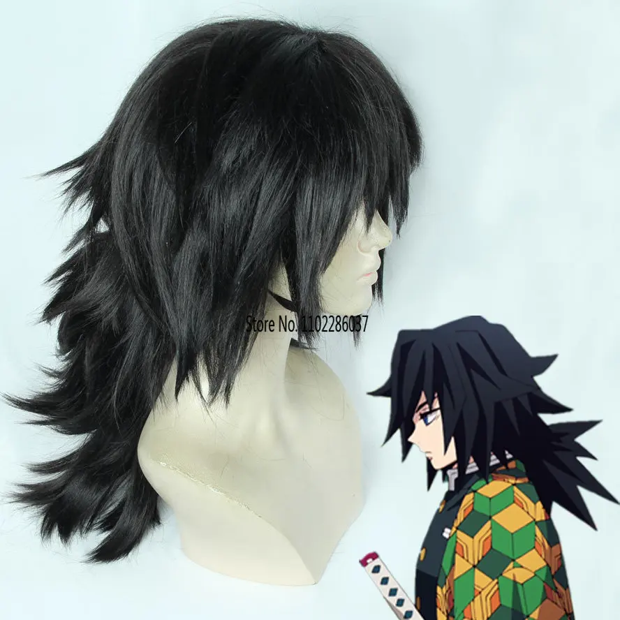 

Demon Slayer Kimetsu no Yaiba Giyuu Tomioka Cosplay Hair Wig Black Heat Synthetic Clip Ponytail Resistant Anime Wigs + Wig Cap
