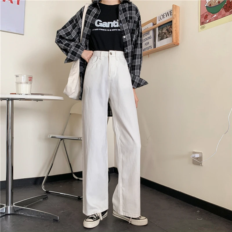 N0646  New simple high waist all-match trousers loose straight wide leg jeans women jeans