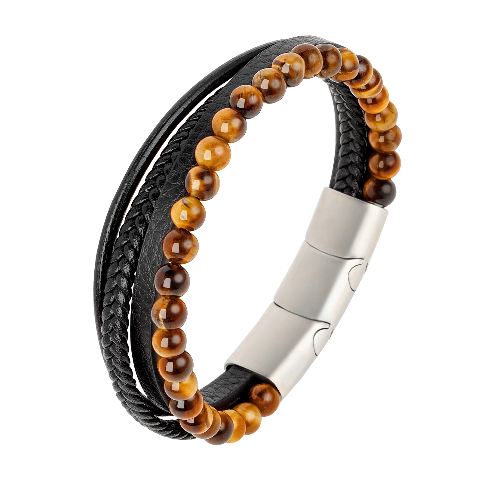 

Mens bracelets beads and leather, Tiger eye leather Bracelet with Stainless Steel Clasp for men Jewelry 2023 Gift