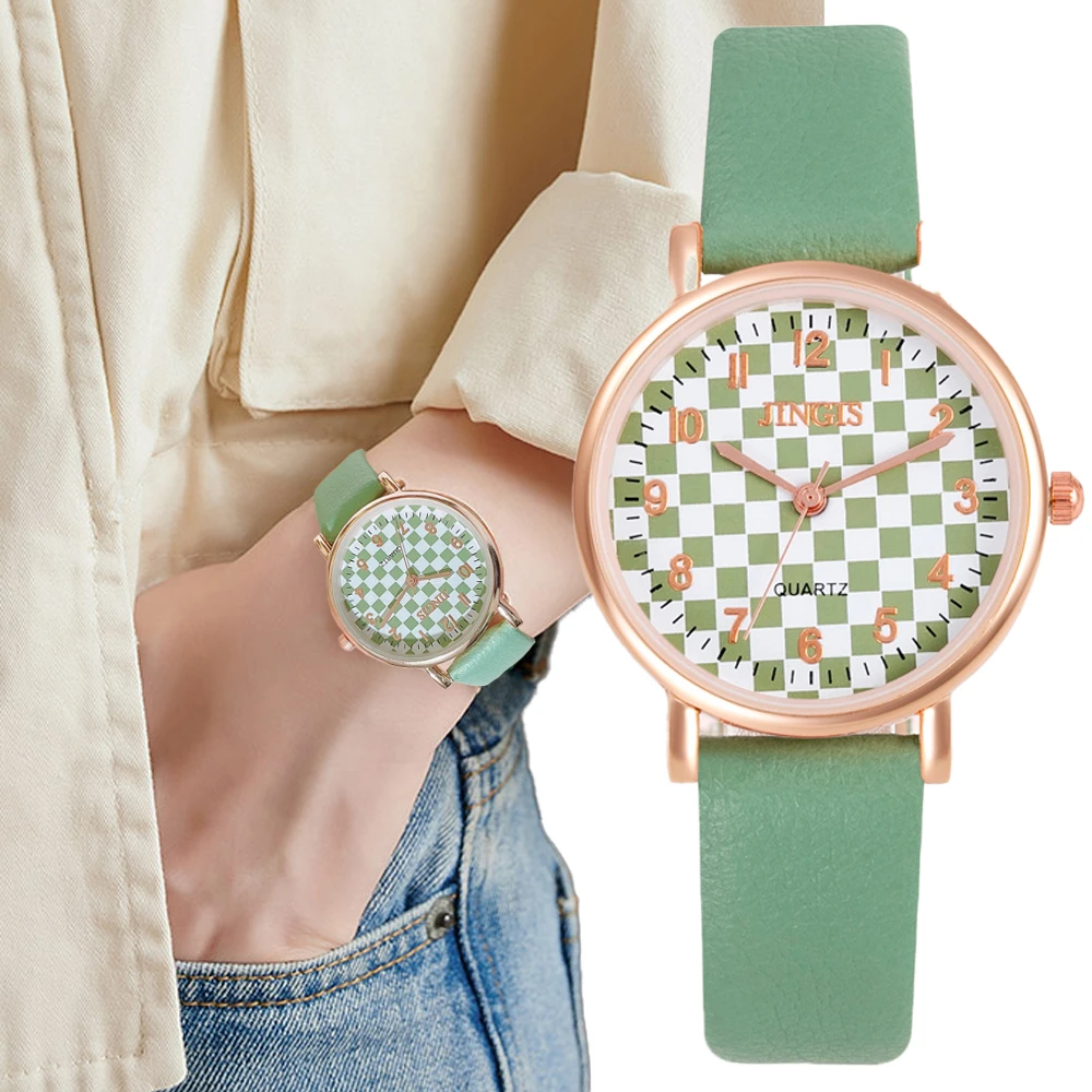 

Hot Selling Watches Women Fashion Casual Lattice Design Women Green PU Leather Female Quartz Wristwatches Students Watch Gifts