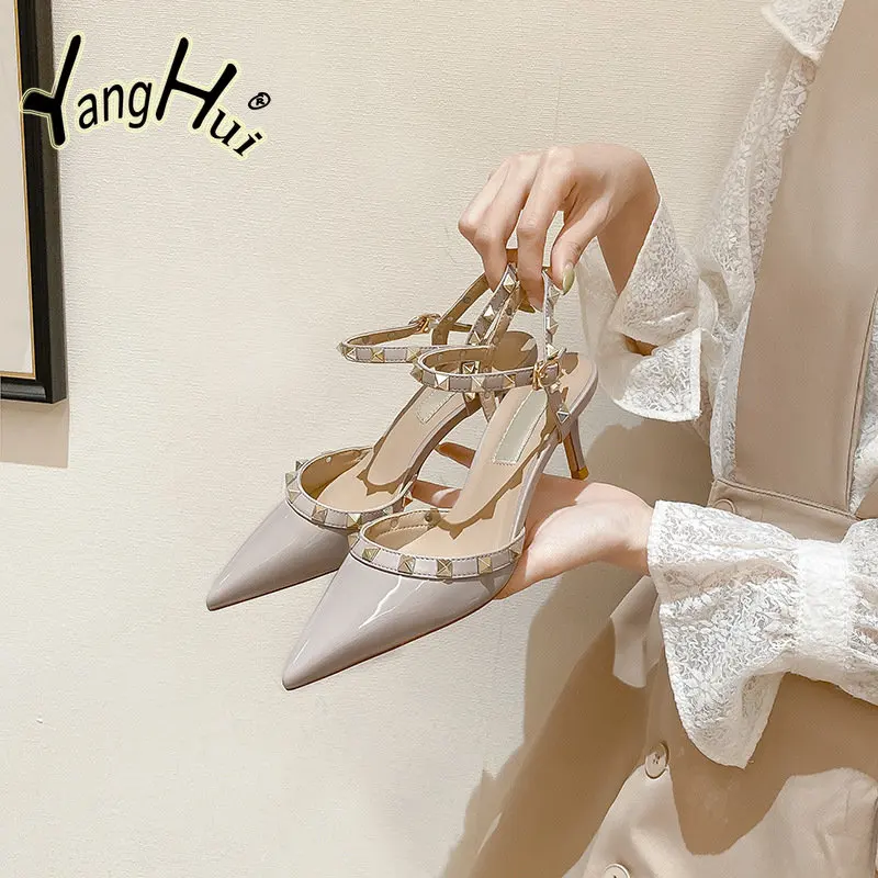 

Riveted High-heeled Sandals 2023 Summer New Mid-heeled European and American Fairy Style Thin Heeled High-heeled Sandals