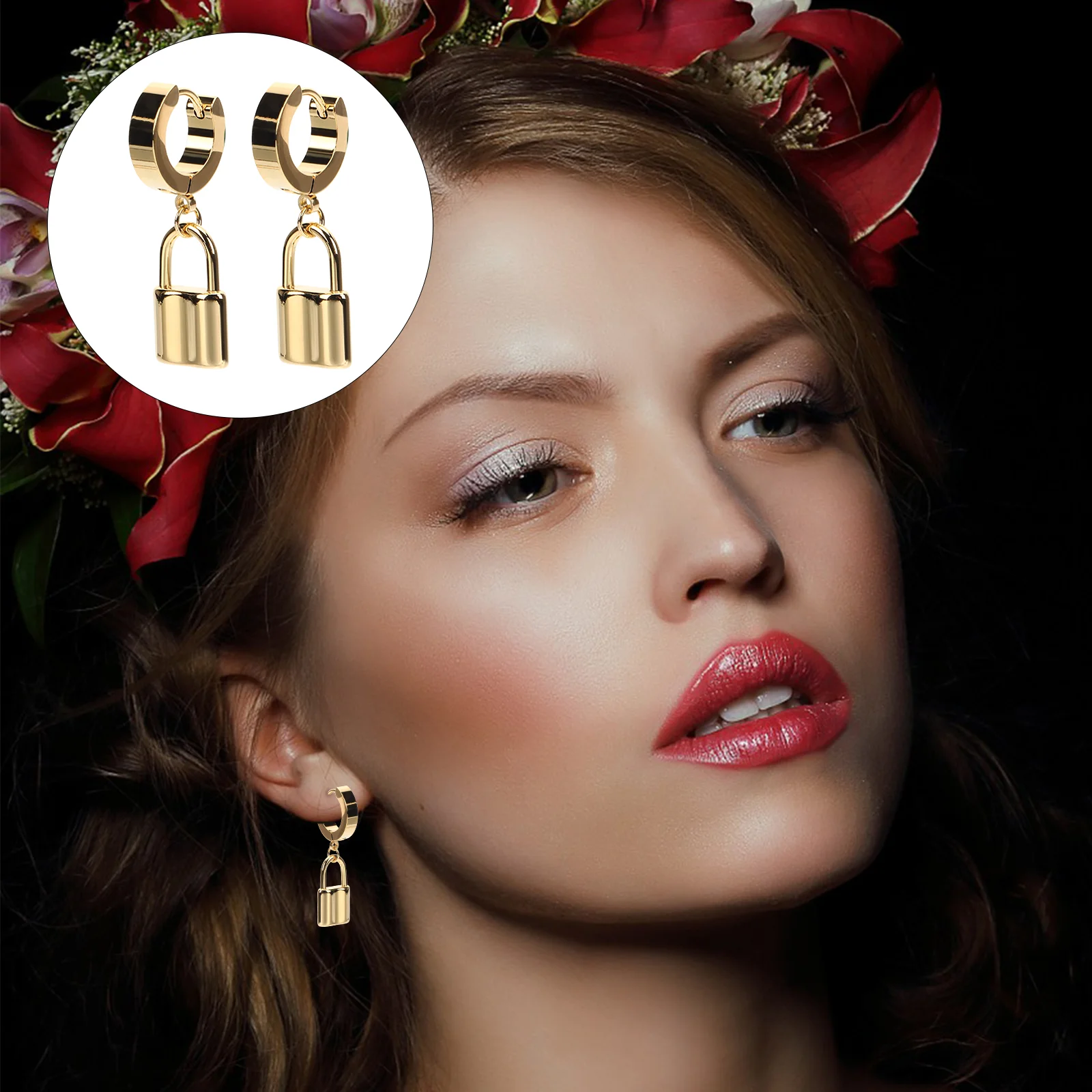 

Earrings Gold Dangle Lock Hoop Hoops Statement Style Street Club Night Punk Pierced Huggie Cuff Ear Metal Drop