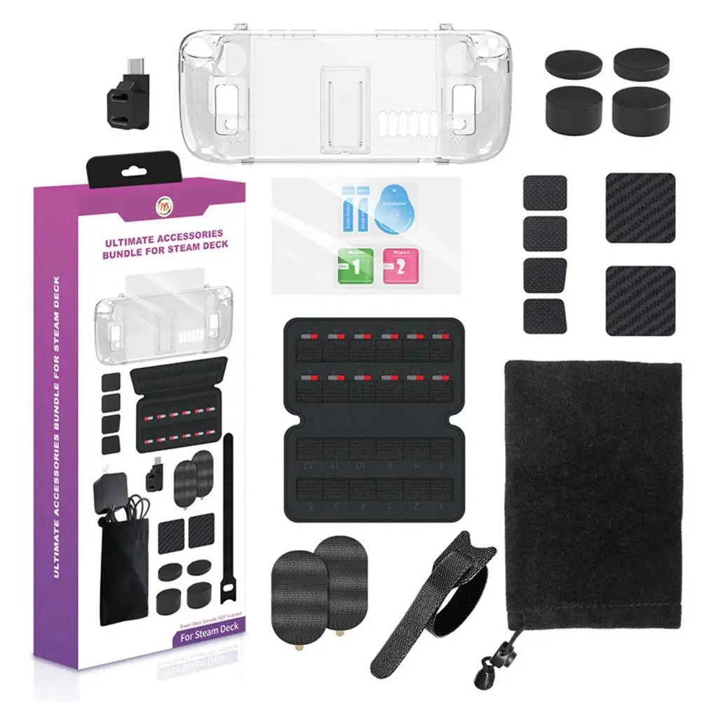 

19-in-1 Console Case Protective Cover Set Crystal Shell Silicone Pad Tempered Film Cable Tie Compatible For Steam Deck