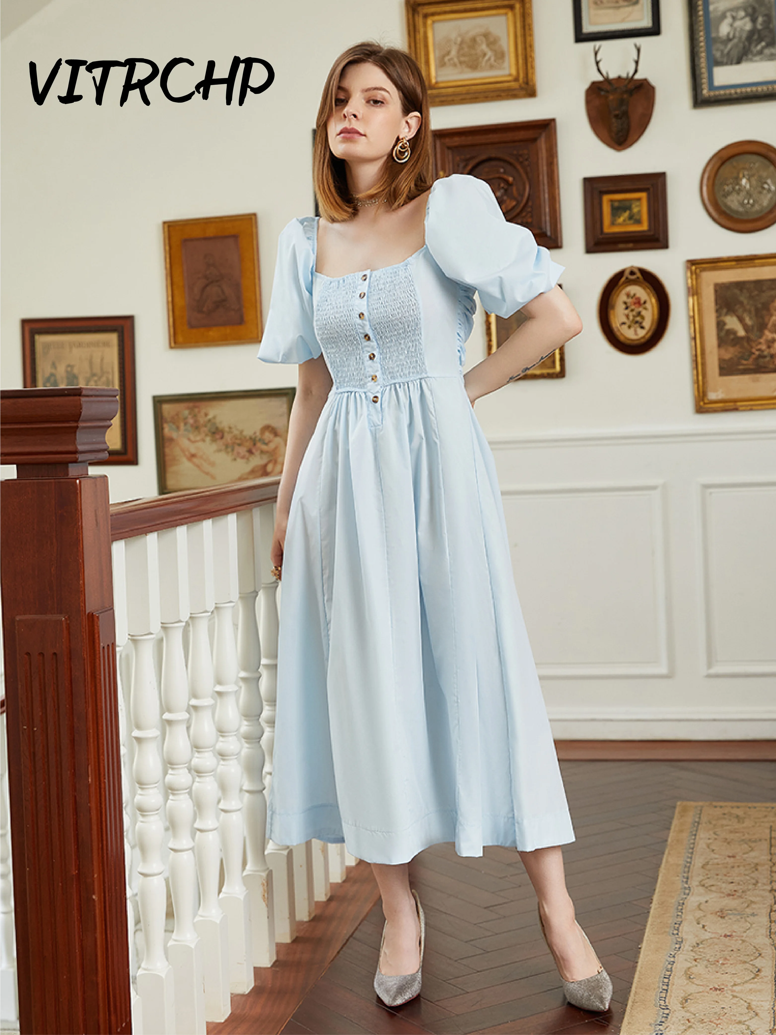 

Frock For Girls Gorgeous Elegant Tea-Length Prom Homecoming Dresses Square Collar Sky Blue Wedding Vestidos on both sides Wear