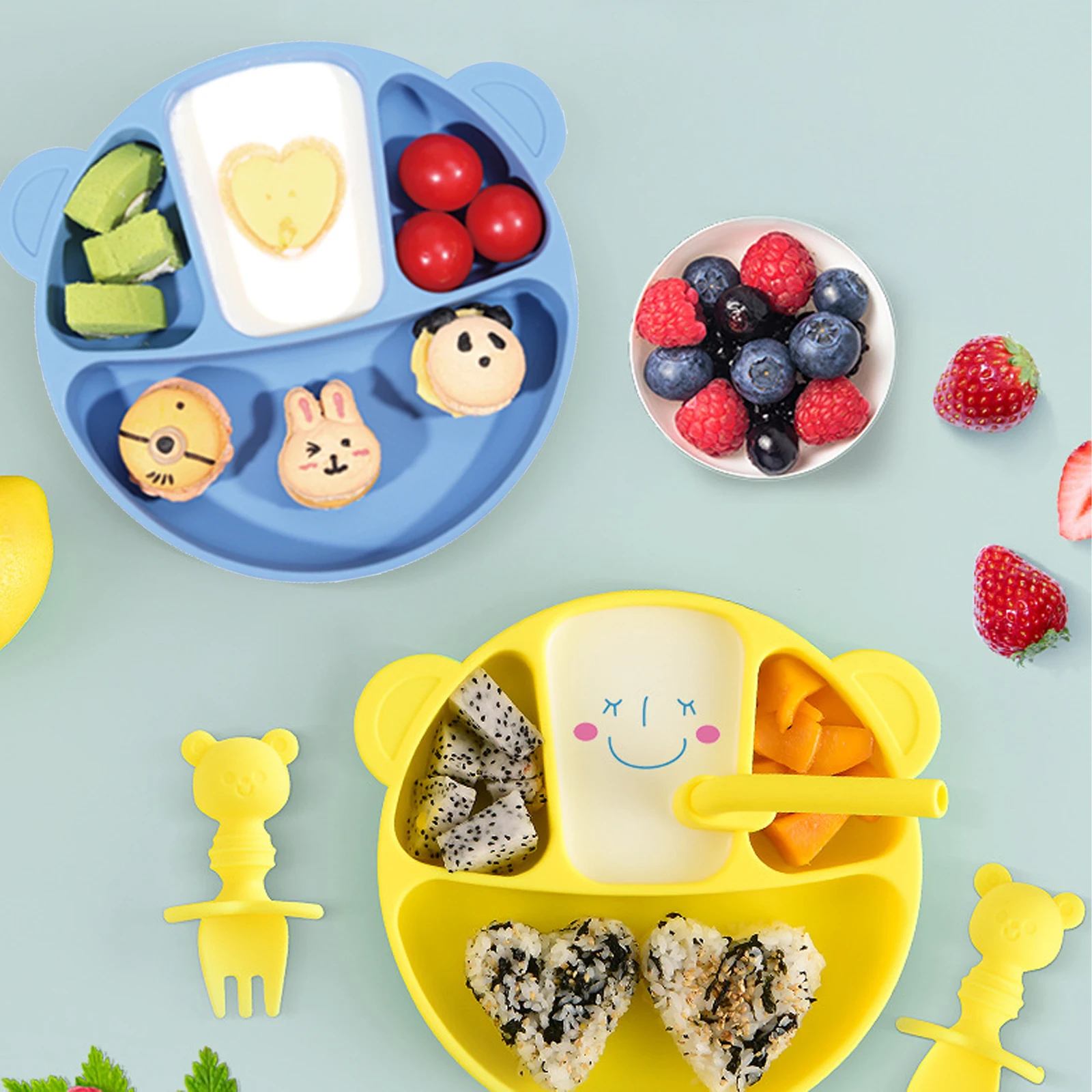 

Baby Tray Integrated Straw Set Non-slip Suction Cup Base, Light Tooth Spoon Fork, Straw And Lid