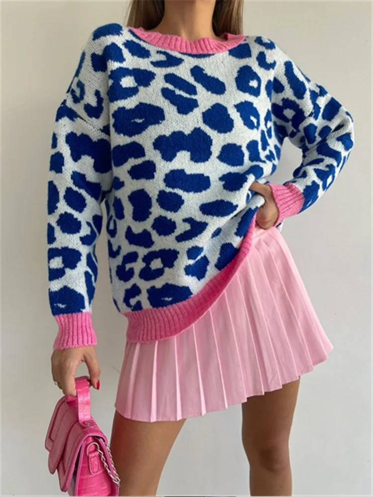

Winter Women's Sweater 2022 Leopard Print Animal Basic White O Neck Oversize Jumper Vintage Warm Knitted Sweaters For Women