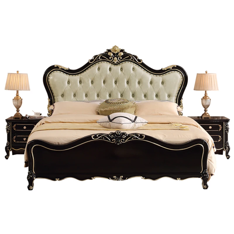 Antique European King Size Leather Bed Soild Wood Bedroom Furniture Luxury Princess Double Queen Royal Wooden Bed Frame